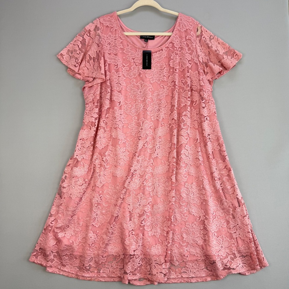 NWT Lane Bryant Floral Lace Flutter Sleeve Swing Dress with Pockets Pink 22/24